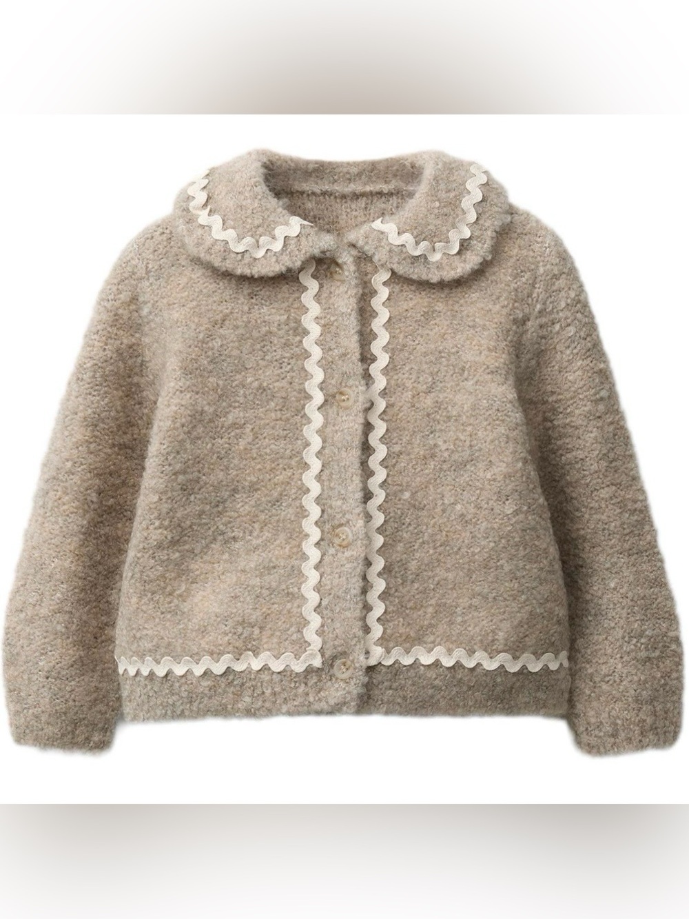 Zara Beige Textured Knit Jacket with White Ric-Rac Trim